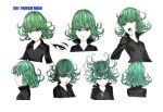  1girl character_sheet colored_skin copyright_name green_hair highres multiple_views official_art production_art scan scan_artifacts tatsumaki white_skin zip_available 