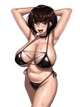 1girl armpits arms_up bikini black_bikini blue_eyes breasts brown_hair commentary girl_with_mole_(kevbot) highres kevbot large_breasts midriff mole mole_under_mouth navel original simple_background skindentation solo sweat swimsuit white_background 