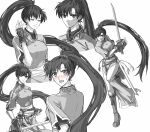  1girl annoyed bangs blush delsaber embarrassed fire_emblem fire_emblem:_the_blazing_blade frown furrowed_brow greyscale katana long_hair looking_at_viewer lyn_(fire_emblem) monochrome open_mouth ponytail rope_belt running smile sweat sword very_long_hair weapon 