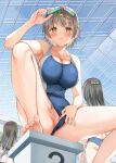  3girls :t adjusting_goggles armpits asahina_hikage bare_legs barefoot black_hair blue_swimsuit blush breasts brown_hair cleavage closed_mouth collarbone commentary competition_school_swimsuit covered_nipples eyebrows_visible_through_hair eyelashes foot_out_of_frame furrowed_brow glass_ceiling goggles goggles_on_head groin highres large_breasts looking_at_viewer multiple_girls one-piece_swimsuit orange_eyes original partially_visible_vulva pout school_swimsuit short_hair sitting solo_focus spread_legs starting_block swimsuit swimsuit_aside wedgie 