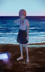  1girl absurdres barefoot beach collared_shirt expressionless eyebrows_visible_through_hair full_body highres horizon isshiki_(ffmania7) kaf_(kamitsubaki_studio) kamitsubaki_studio long_hair looking_at_viewer monitor multicolored multicolored_eyes neck_ribbon ocean outdoors pink_hair red_ribbon ribbon sand school_uniform shirt short_sleeves side_ponytail signature sketch skirt sky solo symbol_commentary virtual_youtuber water white_shirt wiping_mouth yellow_pupils 