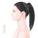  1girl artist_logo black_hair closed_mouth completely_nude from_side long_hair nape nude original ponytail profile purple_eyes shu-mai simple_background solo white_background 