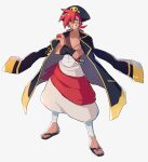  1boy azuumori bandages black_coat black_footwear character_request coat coat_on_shoulders full_body hair_between_eyes hat holding holding_poke_ball medium_hair parted_lips pirate_hat poke_ball pokemon red_hair sandals scar scar_on_face simple_background smile solo standing white_background 