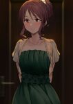  1girl anti_(0324) arms_behind_back blurry blurry_background blush collarbone depth_of_field door doorway dress earrings expressionless flower_trim green_dress idolmaster idolmaster_cinderella_girls jewelry looking_away mifune_miyu necklace off-shoulder_dress off_shoulder ponytail red_eyes red_hair sheer_clothes solo 