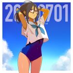  1girl black_hair blue_eyes blue_sky blue_swimsuit cloud commentary_request covered_navel dated glasses harada_yuuichi holding holding_hair looking_at_viewer medium_hair original parted_lips sailor_collar sailor_shirt school_swimsuit school_uniform serafuku shirt sky solo swimsuit swimsuit_under_clothes white_sailor_collar white_shirt 