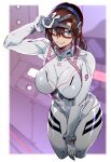  1girl blue_eyes bodysuit breasts brown_hair evangelion:_3.0+1.0_thrice_upon_a_time glasses highres large_breasts long_hair looking_at_viewer makinami_mari_illustrious neon_genesis_evangelion pilot_suit plugsuit rebuild_of_evangelion red-framed_eyewear shiny shiny_hair shiny_skin shoohee skin_tight solo standing twintails white_bodysuit 