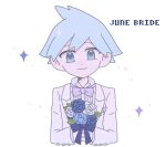  1boy alternate_costume bangs blue_flower bow bowtie closed_mouth commentary_request flower gloves grey_hair highres holding holding_flower jacket long_sleeves looking_at_viewer male_focus nayuyu_(user_easx2724) pokemon pokemon_(game) pokemon_rse purple_neckwear shirt simple_background smile solo sparkle steven_stone upper_body white_background white_flower white_gloves white_jacket white_shirt 