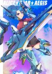  1girl alice_gear_aegis bangs blue_eyes blue_hair bodysuit character_request cloud copyright_name flying gamiani_zero highres holding holding_sword holding_weapon looking_at_viewer mecha_musume open_hand open_mouth ponytail science_fiction sky smile solo sword weapon 