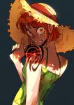  1girl arm_at_side artist_name bare_arms bare_shoulders blood crying crying_with_eyes_open face fingernails freckles from_behind hand_on_headwear hand_up hat highres injury looking_at_viewer looking_back muppet_(toboldlymuppet) nami_(one_piece) one_piece orange_hair parted_lips short_hair shoulder_tattoo sidelocks simple_background solo straw_hat tattoo tears upper_body wide-eyed yellow_eyes 