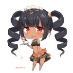  1girl :d bare_shoulders black_hair black_skirt blush chibi dark-skinned_female dark_skin drill_hair food full_body holding holding_tray ice_cream ice_cream_cup looking_at_viewer maid_headdress navel open_mouth original red_eyes sasaame simple_background skirt smile solo stomach thighhighs tray twin_drills twitter_username white_background wristband 