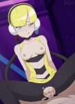  1boy 1girl :q areolae artist_name bangs blonde_hair blunt_bangs blush breasts breasts_outside closed_mouth collarbone commentary commission cum cum_in_pussy elesa_(pokemon) grey_eyes gym_leader headphones hedit hetero highres looking_at_viewer medium_breasts nipples overflow pantyhose penis pokemon pokemon_(game) pokemon_bw pussy raised_eyebrows sex shiny shiny_hair short_hair smile solo_focus spread_legs tongue tongue_out torn_clothes torn_legwear vaginal veins watermark web_address 