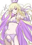  1girl bikini blonde_hair breasts choker closed_mouth colored_inner_hair cowboy_shot crown elbow_gloves garter_belt garter_straps gloves hand_on_hip hand_up highres long_hair looking_at_viewer michitaro_smile multicolored_hair navel original purple_bikini purple_choker purple_eyes purple_gloves purple_hair simple_background small_breasts solo sparkle swimsuit symbol-shaped_pupils tongue tongue_out very_long_hair white_background 