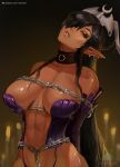  1girl bare_shoulders black_collar black_hair breasts brown_eyes chain chained collar dark-skinned_female dark_elf dark_skin detached_sleeves earrings elf hair_over_one_eye jewelry kuroinu_~kedakaki_seijo_wa_hakudaku_ni_somaru~ large_breasts lips long_hair looking_at_viewer multiple_earrings nextoad origa_discordia pointy_ears purple_sleeves revealing_clothes shiny shiny_skin solo teeth very_long_hair 