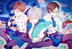 3boys :q ahoge anchor_symbol annoyed aohitsugi_samatoki apron bangs black_pants blue_apron blue_background blue_jacket blue_neckwear blue_theme blueberry brown_hair busujima_riou_mason buttons checkered checkered_background cheese chef_uniform commentary cookie_cutter earrings eating eyebrows_visible_through_hair feet_out_of_frame food fruit glasses gloves green_eyes holding holding_food holding_stuffed_toy hypnosis_mic iruma_juuto jacket jewelry kanose long_sleeves looking_down looking_to_the_side lower_teeth mad_trigger_crew male_focus multiple_boys necktie open_mouth pants rectangular_eyewear red_eyes red_gloves rolling_pin semi-rimless_eyewear shirt short_hair silver_hair sitting stud_earrings stuffed_animal stuffed_dolphin stuffed_toy tongue tongue_out waist_apron whisk white_shirt 