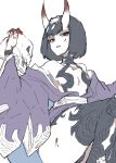  1girl absurdres bangs black_eyes black_hair breasts coat diotheworld78 eyebrows_behind_hair fate/grand_order fate_(series) food highres holding holding_skull horns japanese_clothes kimono looking_at_viewer oni_horns onigiri open_mouth shuten_douji_(fate) simple_background skull solo white_background 