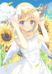  1girl absurdres adjusting_clothes adjusting_headwear air air_bubble aiyan bangs blonde_hair blue_eyes blue_sky blush border bow brown_headwear bubble cloud cloudy_sky commentary_request day dress eyebrows_visible_through_hair flower hat hat_bow highres kamio_misuzu looking_at_viewer open_mouth outdoors short_hair sky sleeveless sleeveless_dress smile solo standing straw_hat sun_hat sundress sunflower white_border white_dress wings 
