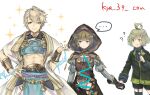  3boys ? ahoge aladdin_(sinoalice) armor bangs blonde_hair blue_eyes blunt_bangs bob_cut breastplate brown_hair candy choker closed_mouth clueless food green_eyes green_hair gretel_(sinoalice) holding holding_candy holding_food holding_hands hood hood_up jacket jealous kyashii_(a3yu9mi) lollipop looking_at_another looking_at_viewer male_focus multicolored_hair multiple_boys otoko_no_ko pinocchio_(sinoalice) short_hair shorts signature simple_background sinoalice smile sparkle thighhighs twitter_username two-tone_hair white_background zettai_ryouiki 