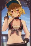  1girl alex_(dragalia_lost) bare_arms bare_shoulders bikini black_bikini black_choker black_gloves blonde_hair breasts choker closed_mouth day dragalia_lost expressionless front-tie_bikini front-tie_top gloves hair_between_eyes hand_on_hip hand_up hat highres looking_at_viewer midriff navel outdoors peaked_cap punished_pigeon red_eyes short_hair short_ponytail small_breasts solo stomach swimsuit upper_body 