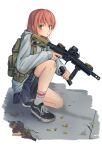  1girl assault_rifle backpack bag bike_shorts bike_shorts_under_skirt foregrip green_eyes gun holding holding_gun holding_weapon hood hoodie one_knee orange_hair original rico_(remilia) rifle shell_casing solo trigger_discipline weapon weapon_request 