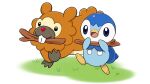  :d bidoof black_eyes blue_eyes commentary_request creature fangs gen_4_pokemon grass holding holding_stick mouth_hold no_humans official_art open_mouth piplup pokemon pokemon_(creature) prj_pochama smile standing starter_pokemon stick tongue walking white_background 