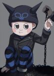  1boy 8takenokonosato8 arm_support bangs black_eyes black_footwear black_headwear black_jacket black_pants blue_pants blush_stickers brown_hair chain danganronpa_(series) danganronpa_v3:_killing_harmony grey_background hand_up hat highres horned_headwear hoshi_ryouma jacket leather leather_jacket long_sleeves male_focus pants short_hair simple_background sitting solo_focus striped striped_pants 