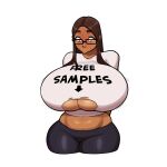  1girl arms_behind_back arrow_(symbol) big_belly black-framed_eyewear black_pants blue_eyes breasts brown_hair bursting_breasts clothes_writing clothing_cutout curvy dark-skinned_female dark_skin emily_(mrpotatoparty) english_commentary english_text fuck-me_shirt gigantic_breasts glasses highres long_hair looking_down mature_female meme_attire midriff mrpotatoparty navel original pants parted_hair solo straight_hair sweat sweating_profusely thick_eyebrows thick_thighs thighs underboob underboob_cutout undersized_clothes very_dark_skin yoga_pants 