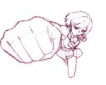 1girl clenched_hands commentary english_commentary foreshortening incoming_punch lineart looking_at_viewer meiko miniskirt monochrome motion_lines punching short_hair skirt sleeveless sleeveless_jacket solo vocaloid white_background yen-mi 
