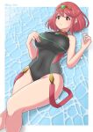  absurdres bangs black_swimsuit breasts chest_jewel competition_swimsuit covered_collarbone headpiece highres large_breasts one-piece_swimsuit pyra_(pro_swimmer)_(xenoblade) pyra_(xenoblade) red_eyes red_hair red_swimsuit ryochan96154 short_hair strapless strapless_swimsuit swept_bangs swimsuit two-tone_swimsuit xenoblade_chronicles_(series) xenoblade_chronicles_2 