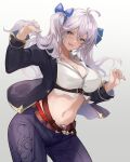  1girl ahoge belt bow breasts cleavage collared_shirt crop_top granblue_fantasy hair_bow highres jacket large_breasts long_hair midriff navel nos open_clothes open_jacket pants shirt silva_(granblue_fantasy) silver_hair twintails yellow_eyes 