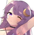  1girl armpits arms_up bangs bare_shoulders black_choker choker closed_mouth commentary_request crescent crescent_hair_ornament double_bun dress eyebrows_visible_through_hair hair_between_eyes hair_ornament hands_up long_hair looking_at_viewer necono_(nyu6poko) one_eye_closed patchouli_knowledge purple_dress purple_eyes purple_hair simple_background sleeveless sleeveless_dress solo sunlight touhou upper_body white_background 
