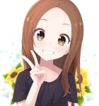  1girl black_skirt brown_eyes brown_hair commentary eyebrows_visible_through_hair floral_background flower forehead hand_up karakai_jouzu_no_takagi-san long_hair looking_at_viewer nekosination short_sleeves skirt smile solo sunflower takagi-san teeth upper_body v white_background 