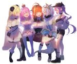  5girls absurdres ahoge amane_kanata angel angel_wings animal_ears armband bangs bare_shoulders baseball_cap belt belt_pouch bibi_(tokoyami_towa) black_headwear black_jacket black_shorts black_tank_top blonde_hair blue_hair blue_neckwear blunt_bangs blush boots bow bowtie breasts brooch candy_hair_ornament cape cleavage cleavage_cutout closed_eyes clothing_cutout collared_shirt colored_inner_hair commentary_request cropped_jacket crown curled_horns demon_girl demon_horns detached_sleeves dragon_girl dragon_horns dragon_tail dress ear_piercing eyebrows_visible_through_hair facing_another fake_horns fishnet_legwear fishnets food-themed_hair_ornament full_body fur-trimmed_boots fur-trimmed_dress fur-trimmed_sleeves fur_trim gingham_legwear grey_jacket grin hair_between_eyes hair_ornament hairband hairclip halo hand_on_hip hat highres himemori_luna hololive horn_bow horns jacket jewelry kiryu_coco long_hair long_sleeves medium_breasts midriff mini_crown miniskirt mismatched_legwear multicolored_hair multiple_girls off_shoulder open_mouth orange_hair piercing pink_dress pink_hair pink_legwear pointy_ears pose pouch purple_hair purple_legwear red_skirt sheep_ears sheep_girl sheep_horns shirt short_hair shorts sidelocks silver_hair simple_background single_thighhigh sitting sitting_on_lap sitting_on_person skirt sleeveless sleeveless_dress smile sock_garters standing star_halo streaked_hair striped striped_bow striped_legwear tail tank_top thighhighs tokoyami_towa tsunomaki_watame turtleneck twintails vertical-striped_bow vertical-striped_legwear vertical_stripes virtual_youtuber white_background white_belt white_cape white_dress white_jacket white_shirt white_sleeves white_wings wings yoruillust 