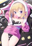  1girl animal_ears animal_hood arm_up ass_visible_through_thighs azur_lane bangs black_leotard blonde_hair blue_eyes blush bow braid bubble_blowing bunny_ears bunny_hood commentary_request eyebrows_visible_through_hair fake_animal_ears fishnet_legwear fishnets fur-trimmed_hood fur_trim hair_between_eyes hair_rings highres hood hood_up hooded_jacket jacket kokone_(coconeeeco) leotard long_sleeves lying manjuu_(azur_lane) on_back pantyhose pink_jacket puffy_long_sleeves puffy_sleeves red_bow solo stephen_potter_(azur_lane) stephen_potter_(chillaxation_station)_(azur_lane) thigh_gap twin_braids white_legwear 