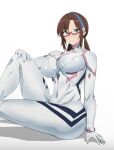  blue_hairband bow_hairband breasts brown_hair covered_navel formal glasses hairband large_breasts leg_up long_hair low_twintails makinami_mari_illustrious neon_genesis_evangelion plugsuit sitting suit thick_thighs thighs tomliat twintails white_suit 