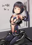  1girl black_eyes black_hair bodysuit breasts gloves hair_ornament hairclip highres kirie_kairi lin_lee_koo looking_at_viewer navel one_eye_closed open_mouth short_hair smile solo teeth v xenoblade_chronicles_(series) xenoblade_chronicles_x 