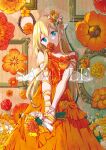  1girl amatsuka_poi bangs bare_shoulders blonde_hair blue_eyes chikanoko commentary_request dress flower flower_over_mouth hair_between_eyes hair_flower hair_ornament head_tilt holding holding_flower long_hair looking_at_viewer orange_dress orange_flower orange_rose picture_frame ragho_no_erika rose sample solo very_long_hair white_flower white_rose yellow_flower yellow_rose 