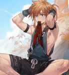  1boy arm_strap arms_up arsh_(thestarwish) bandaid bandaid_on_face bangs bare_shoulders belt bird black_belt black_shorts blonde_hair blue_eyes day foreshortening gloves green_gloves indian_style link male_focus mouth_hold outdoors pointy_ears shorts sitting smile solo the_legend_of_zelda the_legend_of_zelda:_breath_of_the_wild 