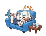  1girl :d ^_^ bangs blue_dress blue_hair blush brown_footwear chibi closed_eyes commentary_request couch cup dress eyebrows_visible_through_hair fish_tail gawr_gura hair_cubes hair_ornament hololive hololive_english itsuki_tasuku legs_up lying mug multicolored_hair notice_lines on_couch on_stomach open_mouth revision sandals shark_tail sharp_teeth shoe_soles shrimp side_ponytail simple_background smile solo streaked_hair stuffed_animal stuffed_shark stuffed_toy tail teeth virtual_youtuber white_background white_hair 