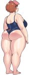  1girl animal_ears ass bare_back bare_shoulders barefoot blue_swimsuit brown_hair from_behind highres looking_at_viewer looking_back one-piece_swimsuit original pig_ears pig_tail red_eyes short_hair simple_background smile solo swimsuit synecdoche tail thick_thighs thighs white_background 