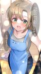  1girl absurdres apron blue_apron blue_pants breasts denim doorway green_eyes grey_shirt highres idolmaster idolmaster_cinderella_girls indoors jeans light_brown_hair long_hair medium_breasts pants shiitake_taishi shirt short_sleeves solo speech_bubble standing tada_riina translation_request 