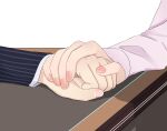  1boy 1girl akamatsu_kaede danganronpa_(series) danganronpa_v3:_killing_harmony hands hetero holding_hands long_sleeves overine19 pink_nails saihara_shuuichi shirt striped_sleeves table white_background white_shirt 