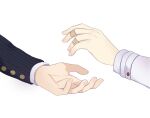  1boy 1girl akamatsu_kaede bandaid bandaid_on_hand commentary danganronpa_(series) danganronpa_v3:_killing_harmony hands long_sleeves overine19 pink_nails saihara_shuuichi shirt simple_background striped_sleeves table white_background white_shirt 