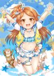  1girl :d animal arms_up bangs bikini bikini_skirt blue_bikini blue_sky blush brown_eyes brown_hair cat cloud collarbone commentary_request day drawstring eyebrows_visible_through_hair flower flower_bracelet full_body highres idolmaster idolmaster_million_live! idolmaster_million_live!_theater_days jacket long_hair looking_at_viewer one_side_up oogami_tamaki open_clothes open_jacket open_mouth outdoors parted_bangs polka_dot polka_dot_bikini puffy_short_sleeves puffy_sleeves regular_mow revision round_teeth shoes short_sleeves sky smile solo star_(symbol) swimsuit teeth upper_teeth very_long_hair white_flower white_footwear yellow_jacket 