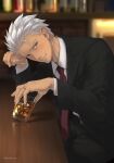  1boy alcohol archer_(fate) bangs black_jacket black_pants blurry blurry_background blush collared_shirt dark-skinned_male dark_skin fate/stay_night fate_(series) formal glass grey_hair highres holding indoors jacket jewelry long_sleeves looking_at_viewer male_focus mondi_hl necktie pants red_neckwear ring shirt short_hair sitting smile solo white_hair white_shirt 