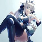  1girl bangs black_bow black_dress black_footwear blue_eyes boots bow braid breasts center_opening cleavage crossed_legs dress fate/grand_order fate_(series) french_braid grey_hair hair_bow highres large_breasts long_hair long_sleeves looking_at_viewer morgan_le_fay_(fate) ponytail sidelocks solo spikes thigh_boots thighhighs thighs tiara torimahera two-tone_dress very_long_hair white_dress 