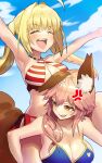  1girl 2girls ahoge anger_vein animal_ear_fluff animal_ears arms_up bangs bare_shoulders bikini blonde_hair blue_bikini blue_sky blush breasts carrying cleavage collarbone criss-cross_halter fang fate/grand_order fate_(series) fox_ears fox_girl green_eyes hair_between_eyes hair_intakes halterneck highres large_breasts long_hair looking_at_viewer looking_back multiple_girls nero_claudius_(fate)_(all) nero_claudius_(swimsuit_caster)_(fate) open_mouth outstretched_arms piggyback pink_hair red_bikini side-tie_bikini sidelocks sky smile striped striped_bikini swimsuit tamamo_(fate)_(all) tamamo_no_mae_(swimsuit_lancer)_(fate) torimahera twintails yellow_eyes 