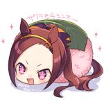  1girl :d animal_ears blush brown_hair dated flower-shaped_pupils food forehead horse_ears horse_girl horse_tail koruri long_hair namesake open_mouth ponytail red_eyes sakura_bakushin_o_(umamusume) sakura_mochi shadow sidelocks smile solo sparkle tail translation_request twitter_username umamusume v-shaped_eyebrows wagashi white_background 