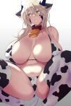  1girl animal_ears animal_print artoria_pendragon_(all) artoria_pendragon_(lancer_alter)_(fate) bangs bare_shoulders bell bikini blonde_hair blush braid breasts cleavage collarbone cow_ears cow_print cow_tail cowbell elbow_gloves fate/grand_order fate_(series) french_braid gloves hair_between_eyes highres horns huge_breasts kuronyan long_hair looking_to_the_side navel neck_bell open_mouth sidelocks solo squatting swimsuit tail thighhighs white_bikini white_gloves white_legwear yellow_eyes 