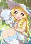  1girl :d absurdres alolan_form alolan_vulpix bangs bare_arms blonde_hair blue_ribbon blush collared_dress commentary_request dress eyelashes gen_7_pokemon green_eyes green_umbrella hat hat_ribbon highres holding holding_umbrella kneehighs knees lillie_(pokemon) long_hair on_shoulder open_mouth pokemon pokemon_(anime) pokemon_(creature) pokemon_on_shoulder pokemon_sm_(anime) ribbon sleeveless sleeveless_dress smile sun_hat taisa_(lovemokunae) tongue umbrella white_dress white_headwear white_legwear 