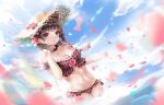  1girl :o absurdres arknights bangs bikini blue_sky blunt_bangs blush braid breasts brown_hair choker cleavage cloud cloudy_sky collarbone commentary day dutch_angle eyebrows eyebrows_visible_through_hair eyjafjalla_(arknights) eyjafjalla_(summer_flowers)_(arknights) flower frilled_bikini frilled_choker frills hand_on_own_shoulder hat hat_flower head_tilt highres long_hair looking_at_viewer medium_breasts navel ocean off-shoulder_bikini off_shoulder official_alternate_costume outdoors parted_lips petals plaid plaid_bikini red_bikini red_choker red_eyes red_flower scup sky solo stomach straw_hat swimsuit symbol_commentary twin_braids wading water yellow_headwear 